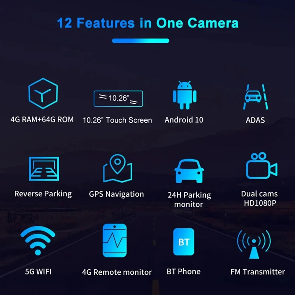 Anself Camera Dashcam 10.26 DVR GPS 10.0 Car Android Navigation WIFI Inch Dual