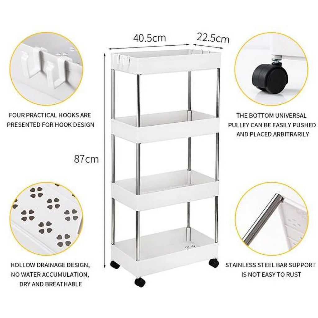 Storage 4-Tier Cart White Rolling Bathroom, Utility and Cart Wheels, Room, Plastic SYTHERS with hooks, Steel, 4 with Stainless for Laundry Kitchen,