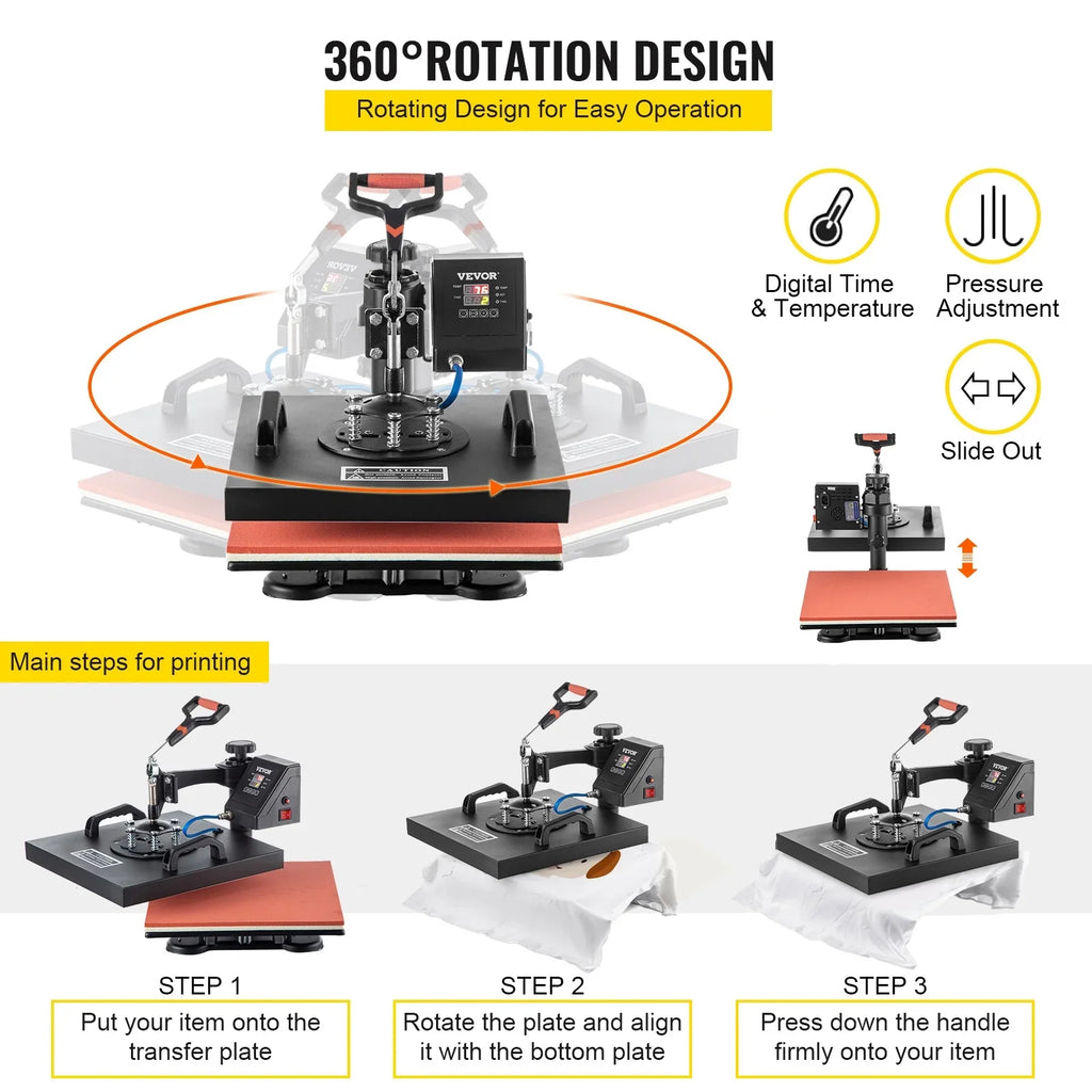 Machine 6 Heat 1 Shirts Hat Transfer Printing for Away T Rotation Display 360 Heat Dual in LED Mug Multifunctional Sublimation Cap Press Digital Combo Degree VEVORbrand 15"x15" Swing Machine Plate