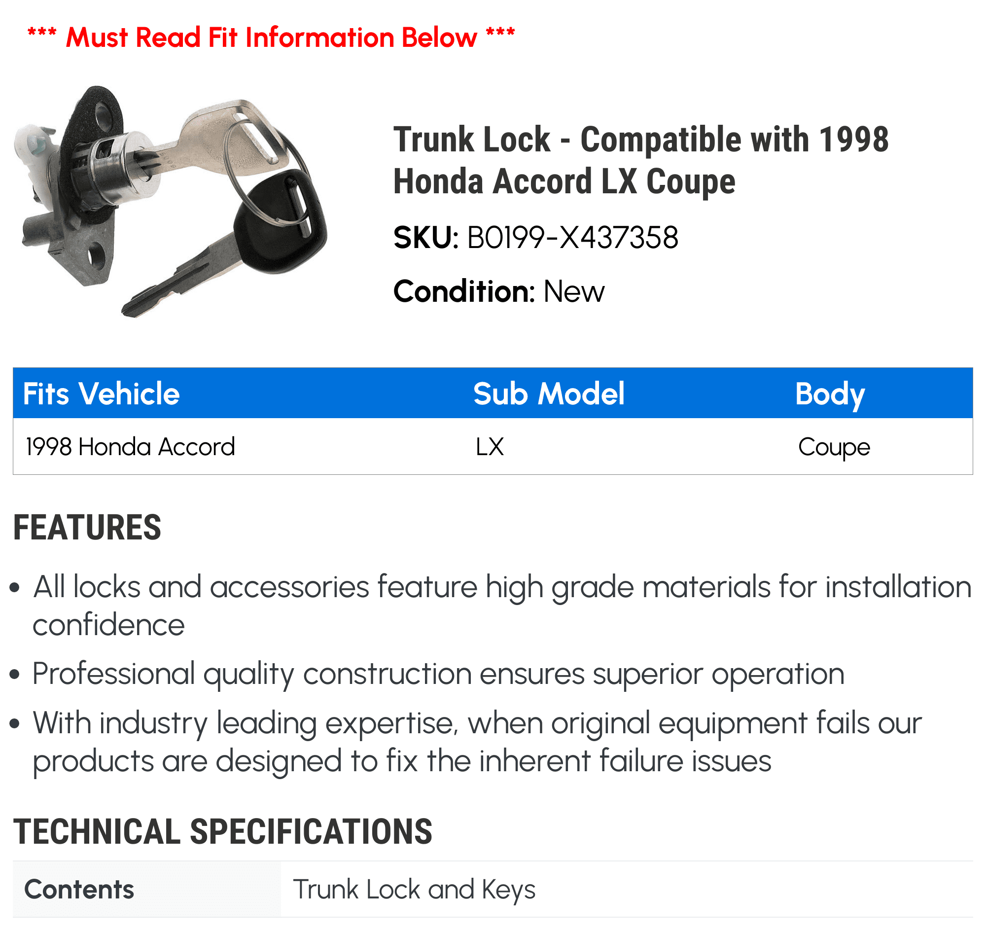 Honda Trunk 1998 - Coupe Compatible Accord LX with Lock