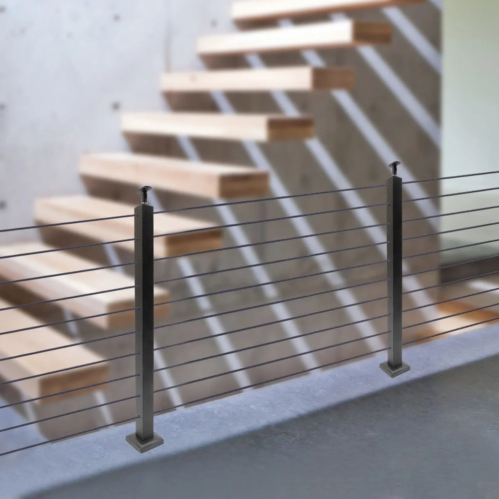 Wood Steel Two Railing Post Stainless Level Fence Post Cable System Railing Sides for Square Deck Concrete Pre-Drilled Cable 36''x2''x2'' Level