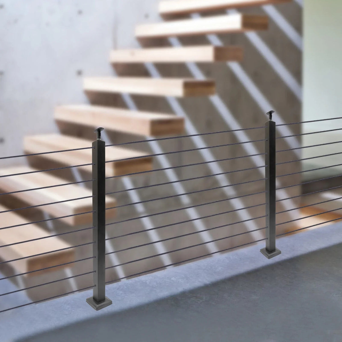 Wood Steel Two Railing Post Stainless Level Fence Post Cable System Railing Sides for Square Deck Concrete Pre-Drilled Cable 36''x2''x2'' Level