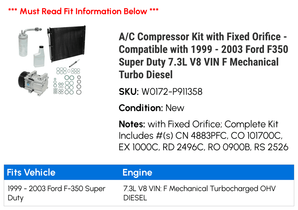2002 - Orifice Turbo 1999 Duty Kit Compressor with Mechanical 7.3L Fixed VIN 2001 Super A/C Compatible 2000 Ford Diesel F350 2003 with - F V8