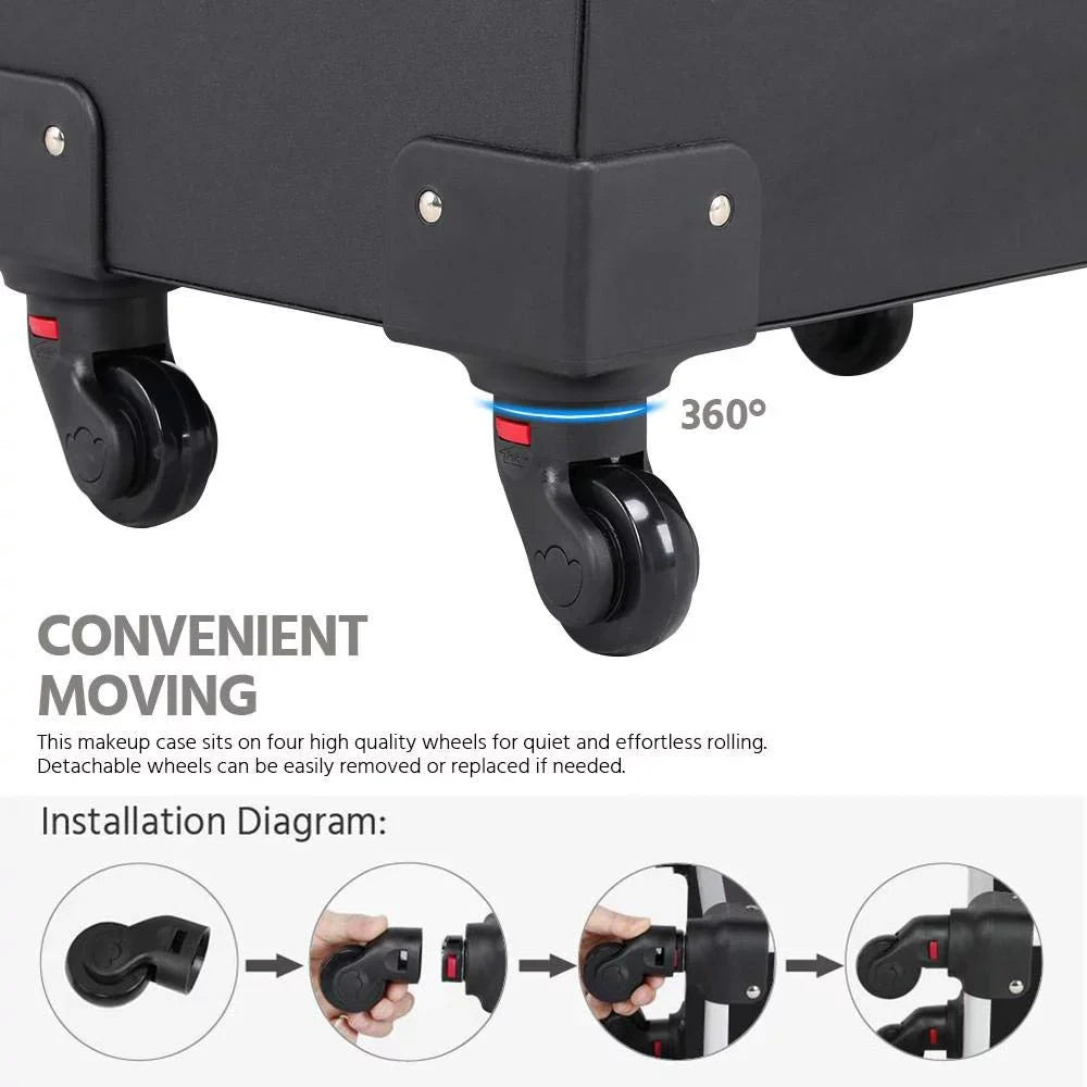 Case 4 Removable Black Rod Pull Travel Case, Luggage Spinner Trolley Makeup Wheels, Rolling with and Handle, Train Mirror Cosmetic