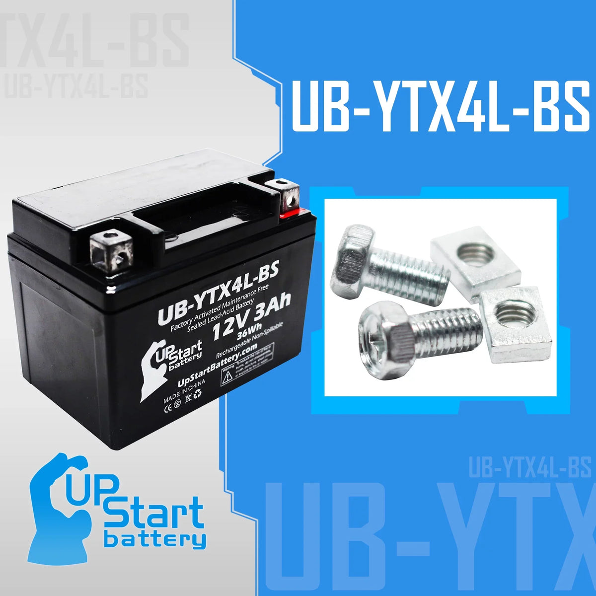 Bombardier Battery UB-YTX4L-BS 4-Pack - Maintenance Replacement Factory UpStart Free, for DS90, ATV DS90F, Quest 12V, (Can-Am) 2004 Activated, 90CC Battery 3Ah,