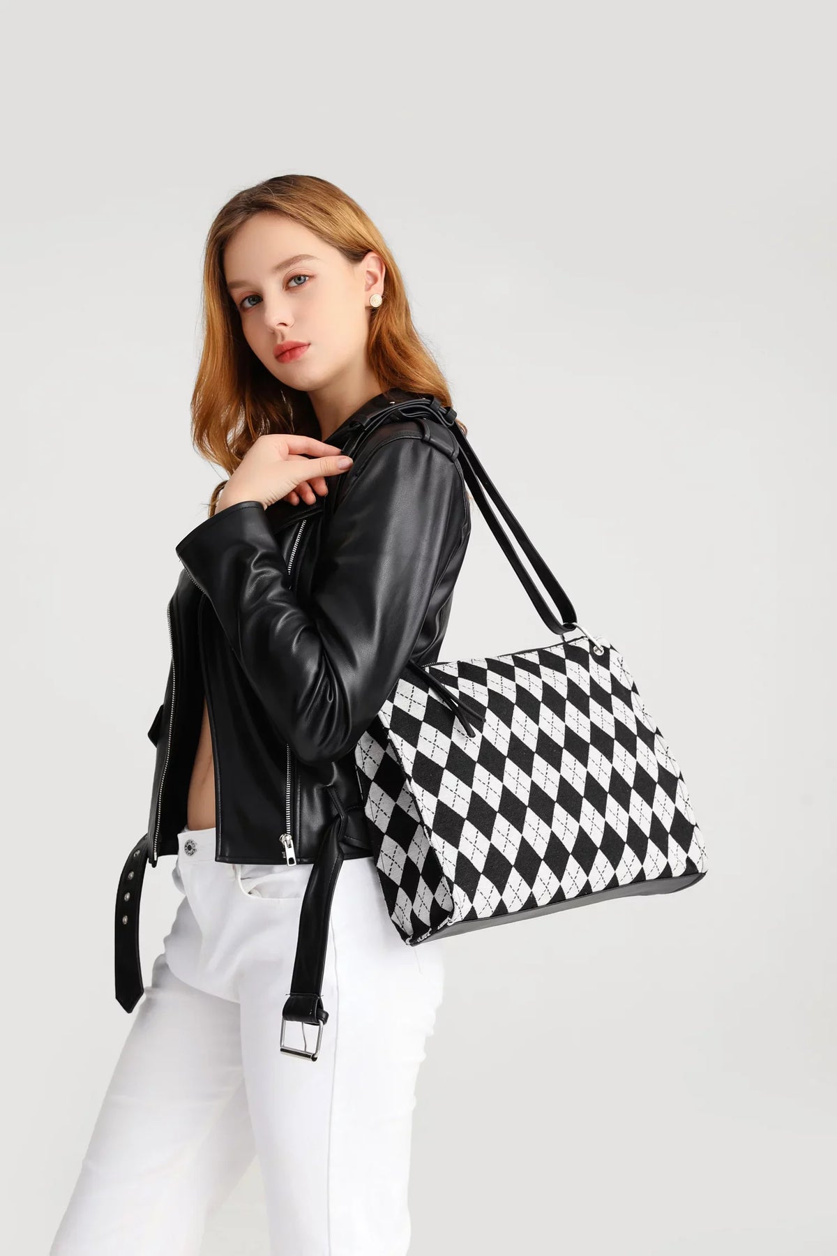 clutch and handbag handbag Black checkerboard pattern Bag Ladies off-white Shoulder