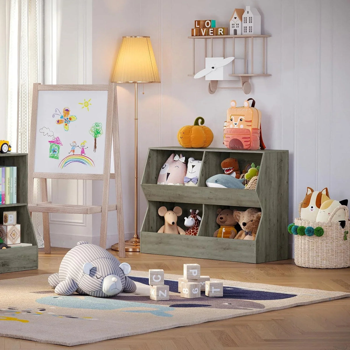 Book Hallway, Bedroom, 4 39.4" Cabinet, Wooden Wash Children , Cubby Kids Long, Toddler Bookcase, Nursery, Toy JIAH Gray Toy Storage Organizer, Shelf Toy Storage School, for