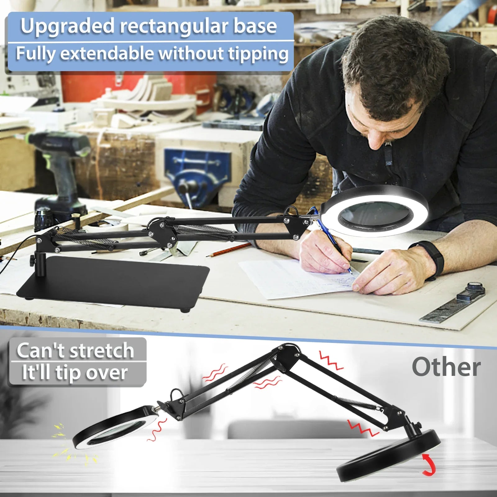Stepless Color Lighted Light 2-in-1 LED Sewing Painting, and 10X Lamp Stand, 5 Clamp, Work, with Magnifying Hands Magnifying Close Desk with Modes Dimmable, for Free Magnifier Glass Craft,