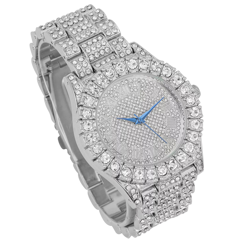 Charles - Ring - Raymond Iced Chain (10,Silver) Bezel Bracelet Dial Fully with Numerals ST10327SET3PC w/Cuban & Roman Big Out Watch Rocks Mens