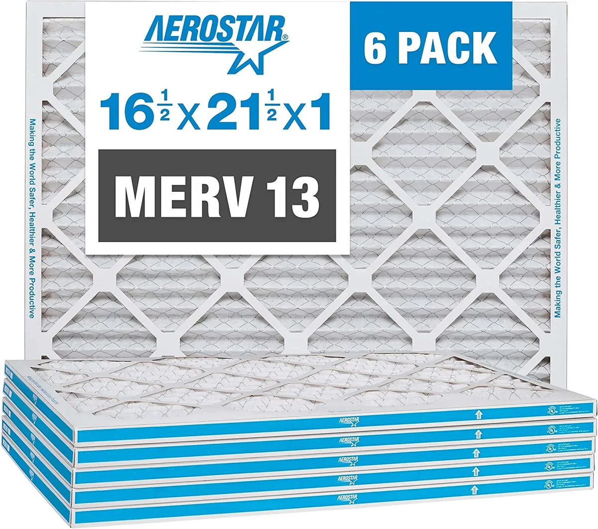 Filter, 1/2x1 MERV 1/2x21 Size: 16 21 Furnace 3/4") 13 Aerostar Air 1/2" Air x x (Actual 1/2" 6-Pack Pleated AC 16 Filter,