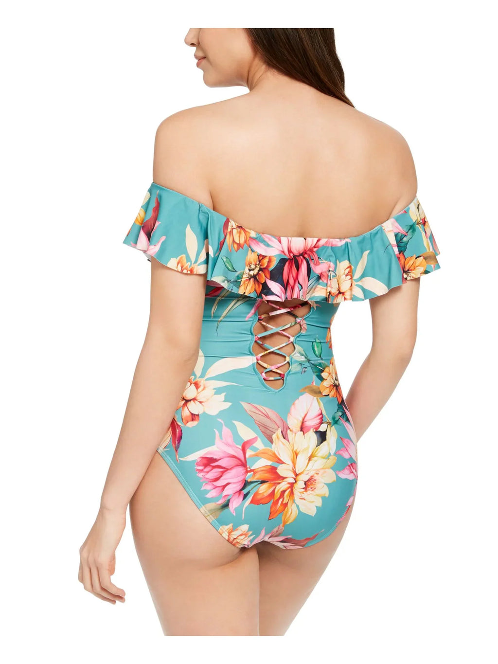 BLANCA 4 Back LA One Blue Swimsuit Shoulder Molded The Floral Stretch Piece Off Garden Women's Cup Lace-up Lined Ruched Ruffled