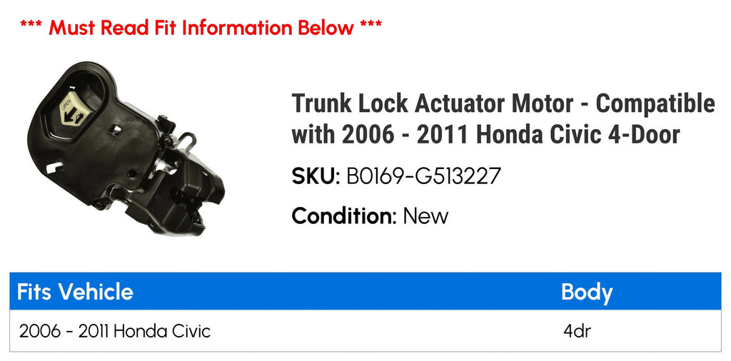Motor Compatible Civic 2009 2010 Honda - Trunk 2011 2006 4-Door with 2007 Actuator Lock 2008 -
