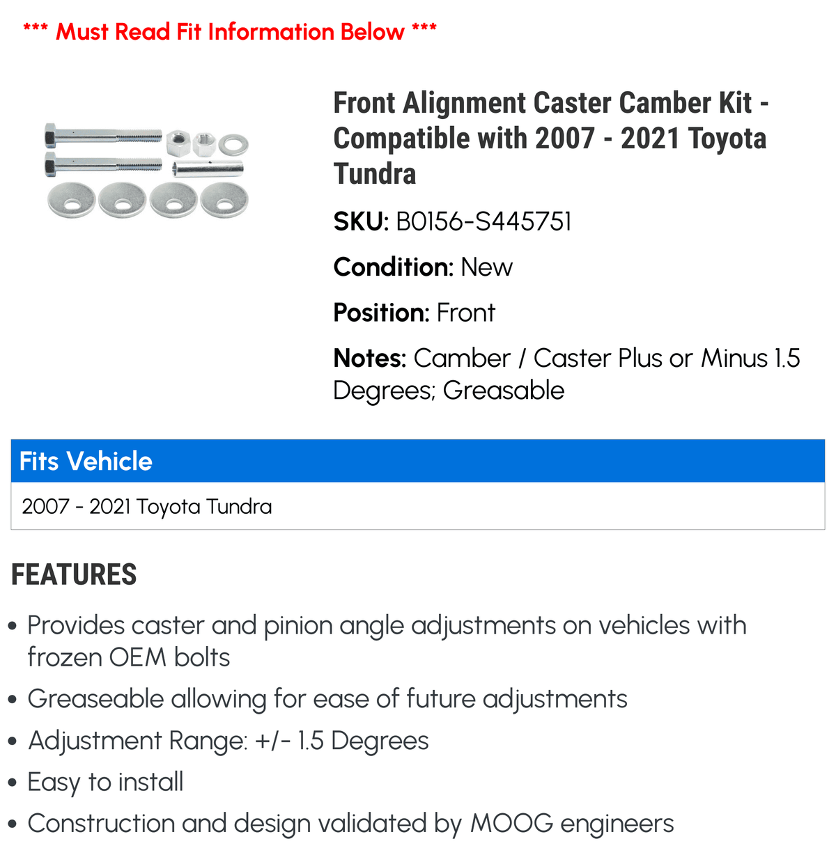 2012 - 2022 Alignment 2010 2015 2017 2018 Compatible 2020 Front 2009 Toyota Tundra 2011 with 2013 Kit - 2016 2008 2019 Caster Camber 2007 2014 2021