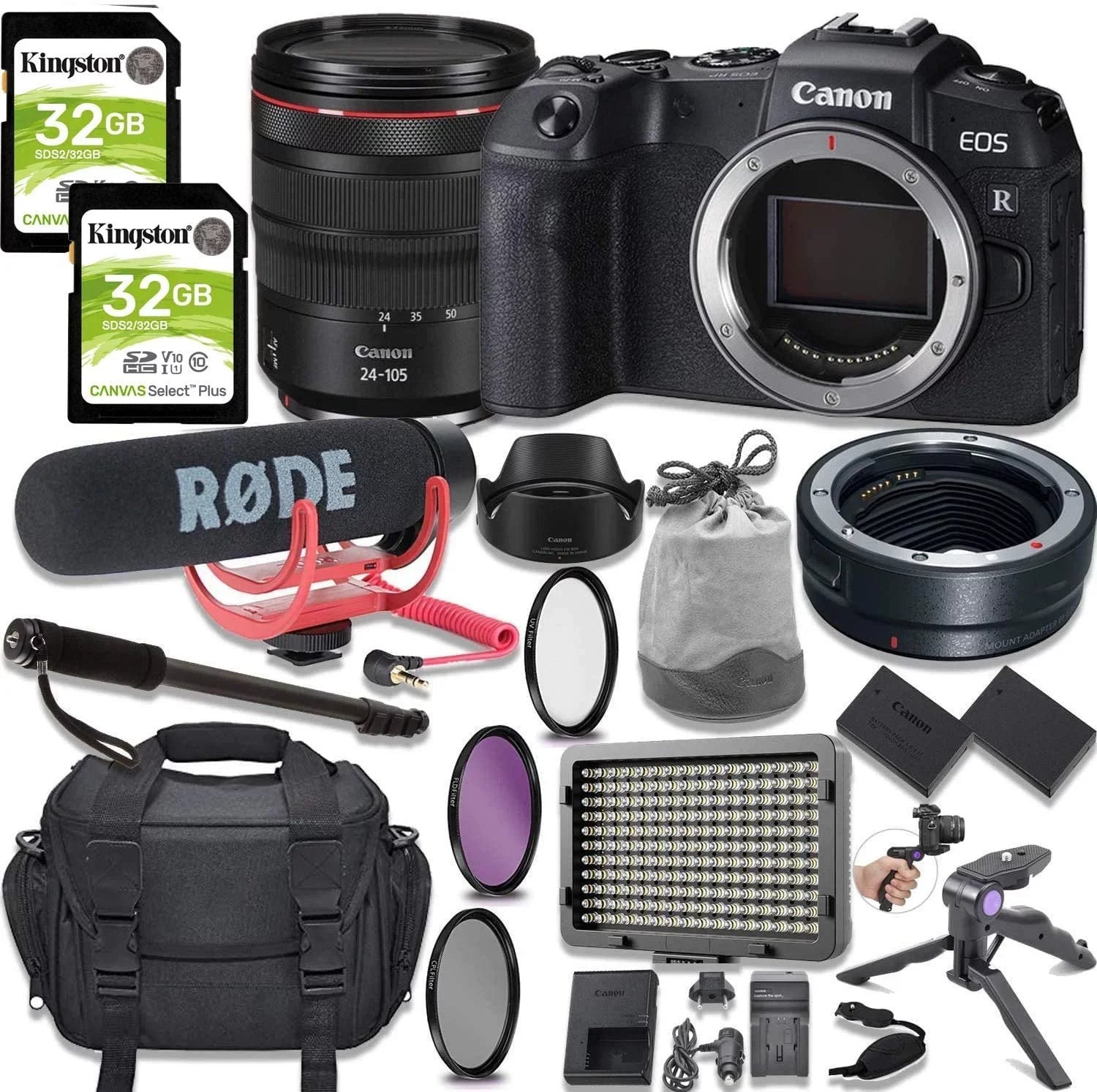 Video Adapter Go with Mirrorless + 64GB LED & Light Lens Accessory Digital EOS Canon Memory, Rode Kit Bundle with More + Mic, 24-105mm RP Camera RF Video Mount
