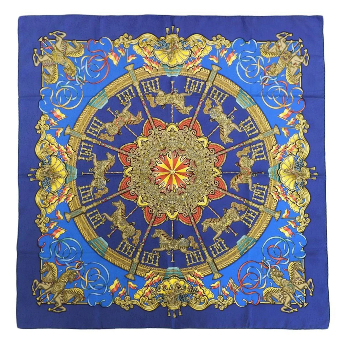 LUNA (Good) KARE90 Silk PARK Scarf Amusement Pre-Owned Park Muffler Carousel HERMES Blue Horse