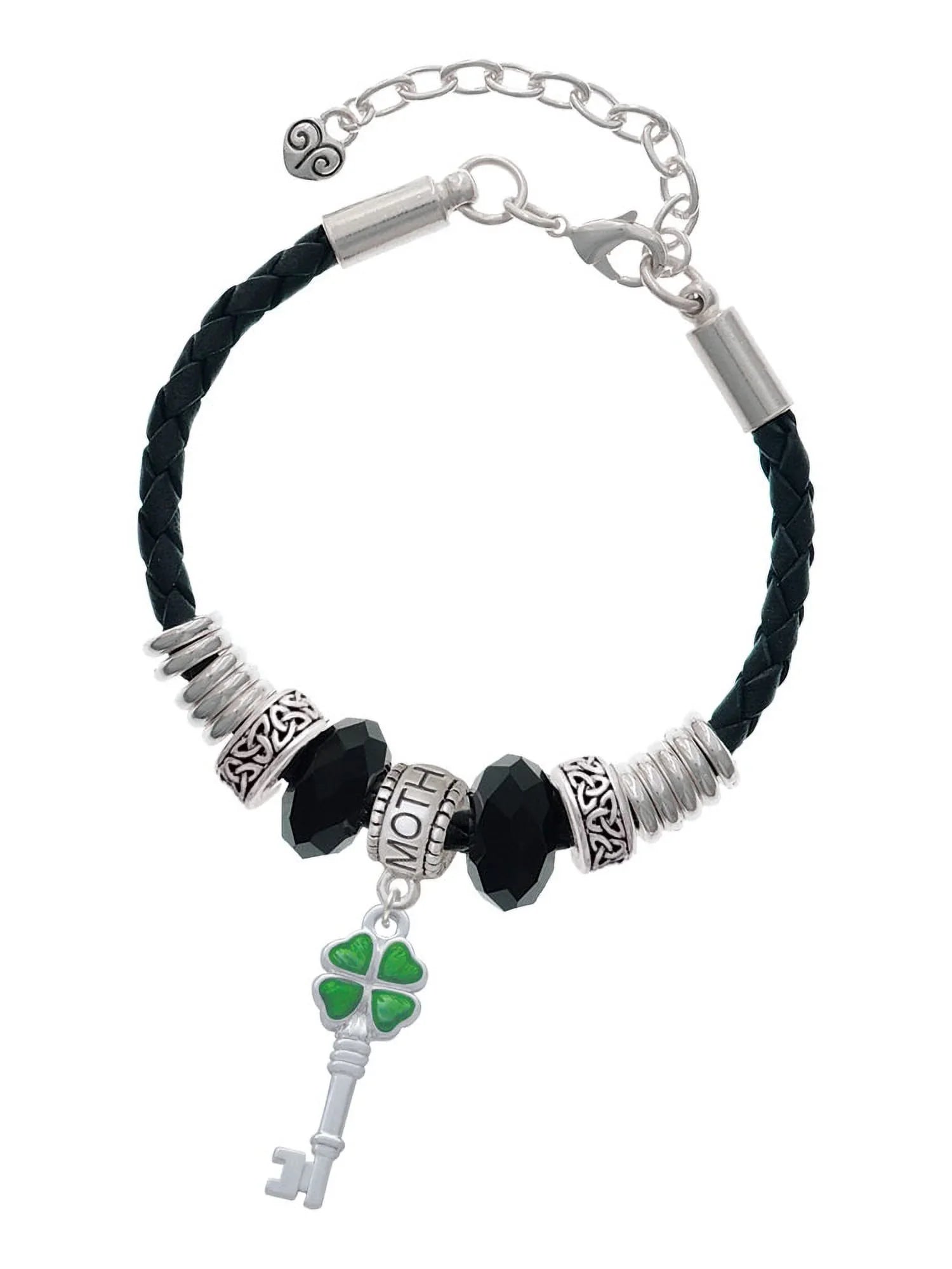 Key Green Extender Leaf Mother Jewelry 7"+2" Lucky Silvertone Bead Bracelet, Knot Delight Clover Leather Four Celtic Translucent
