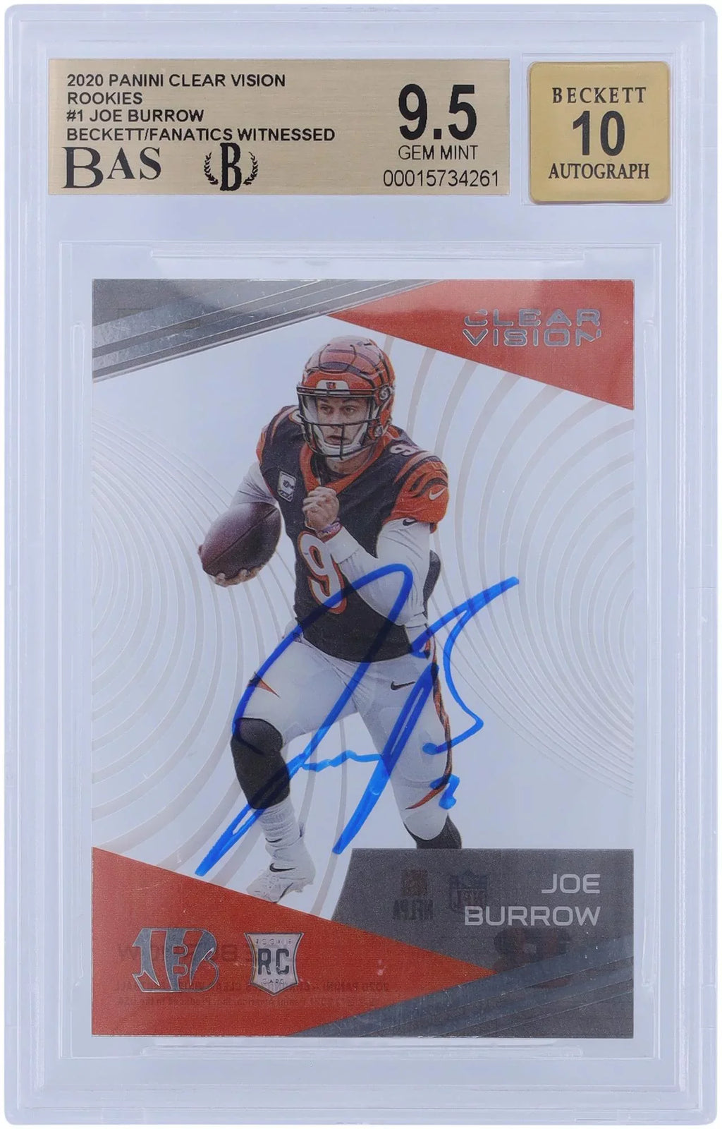 2020 Rookie Card Vision Autographed #CV-1 Cincinnati Clear Witnessed Authentic 9.5/10 Panini - Bengals Beckett Certified Fanatics Authenticated Joe Fanatics Burrow