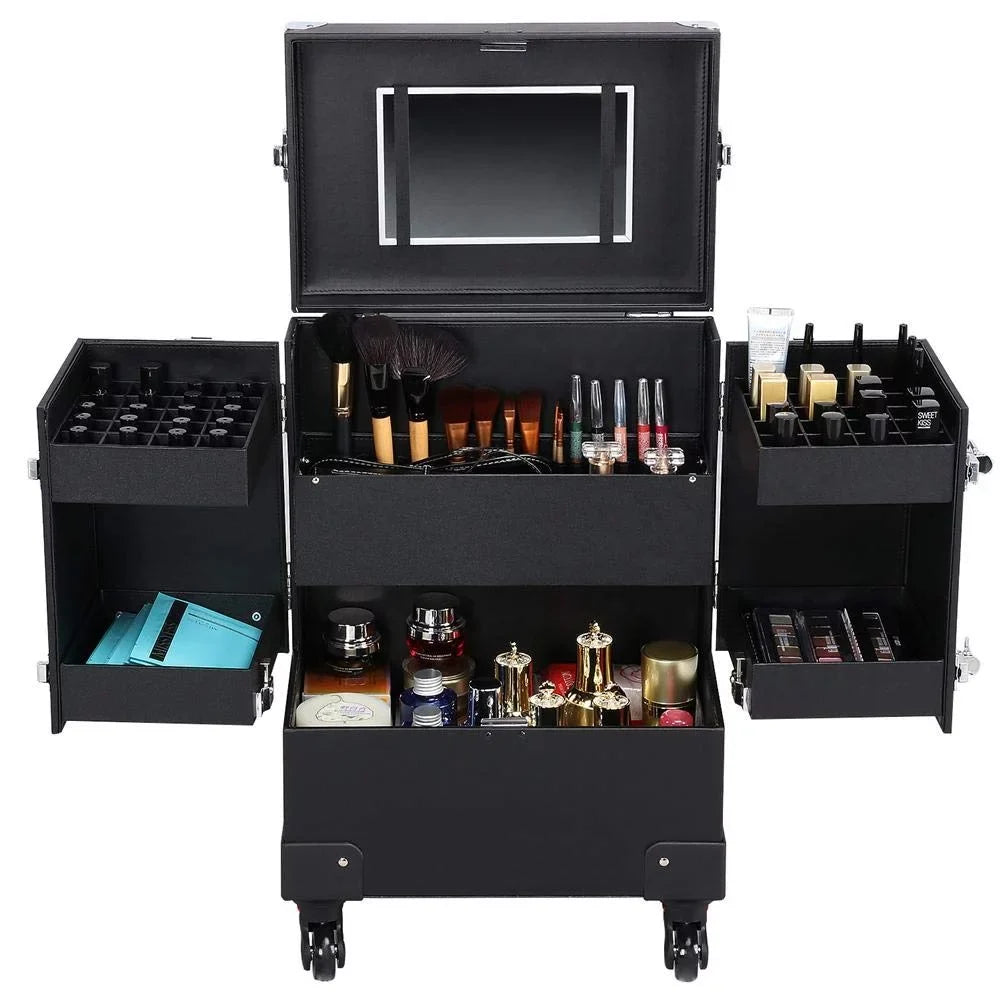 Case 4 Removable Black Rod Pull Travel Case, Luggage Spinner Trolley Makeup Wheels, Rolling with and Handle, Train Mirror Cosmetic