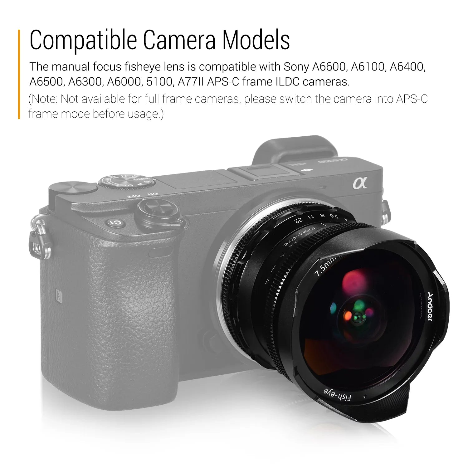 Manual Ultra APS-C Camera Lens Large A6500 F2.8 Andoer 5100 A6400 Compatible A6100 E-Mount Fisheye Andoer Frame A77II with A6000 Wide Aperture Angle 7.5mm Focus Lens A6600 A6300 180¡ã