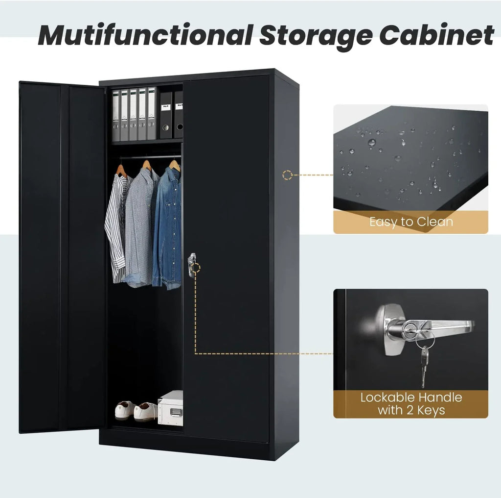with Locking (Black) Freestanding Garage Lock Wardrobe HOOMHIBIU Coat Door 72'' Office with Shelves Metal Cabinets Employee Clothing and Cabinet for Steel Locker Home