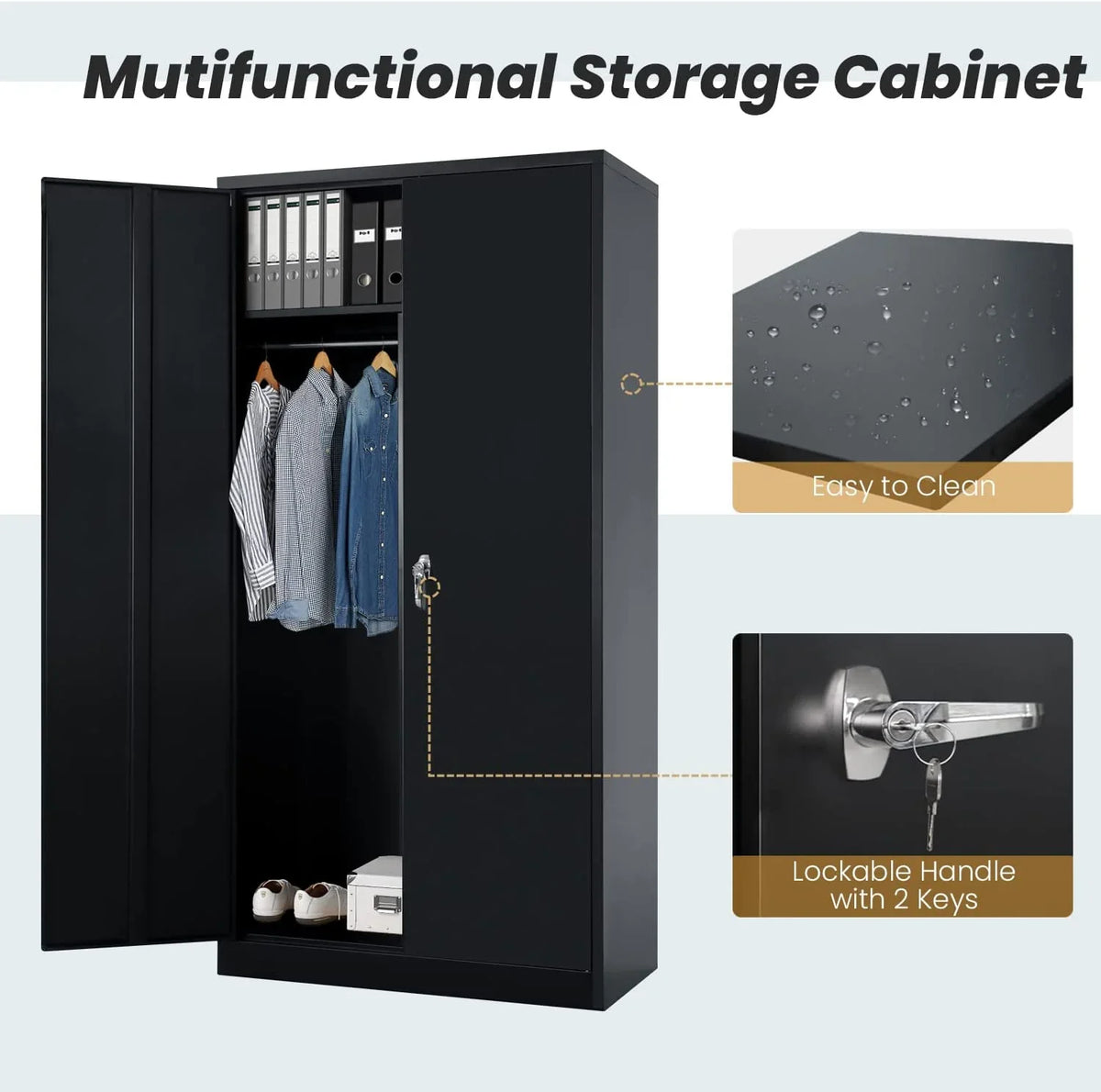 with Locking (Black) Freestanding Garage Lock Wardrobe HOOMHIBIU Coat Door 72'' Office with Shelves Metal Cabinets Employee Clothing and Cabinet for Steel Locker Home