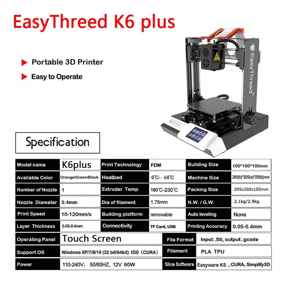 Plus Printer printer,Print 3D 3D-Printer Size Hine Printer Printer Kids K6 ICHU Plus TF Comes Hine MIZUH 3D 100x100x100mm/4x4x4inches Removable EasyThreed Printers HUIOP 3D