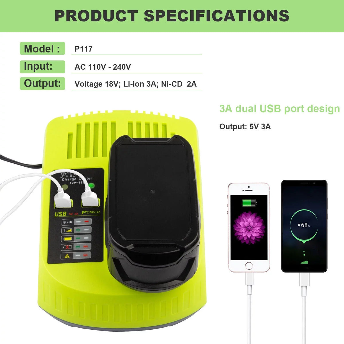 P117 P106 US 18Volt Charger For High 18V Lithium-Ion Capacity Battery P108 RYOBI