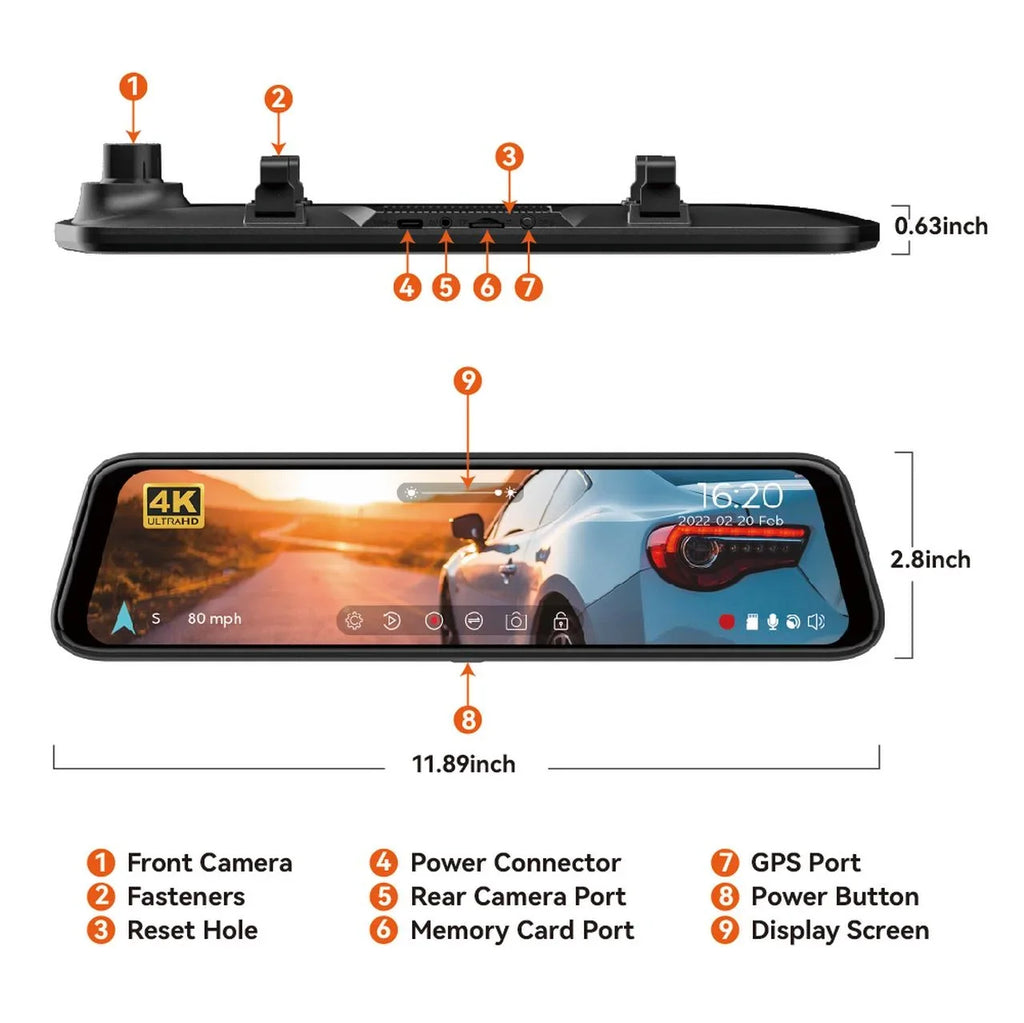 12'' Rear Front Car Rear Card Cam, and Cameras Mirror Dash Port WOLFBOX 64GB & Vehicle, 1080P 4K Vision, Night C USB Super Dash GPS, with View Free