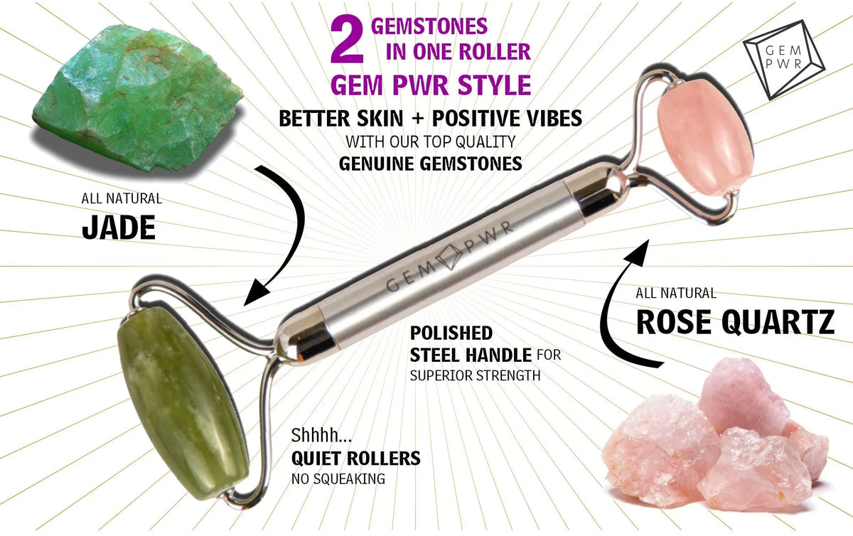 Travel GEM Bag Roller, Jade Dual with PWR 2-in-1 Face Quartz Handle Rose + Steel and Durable Head