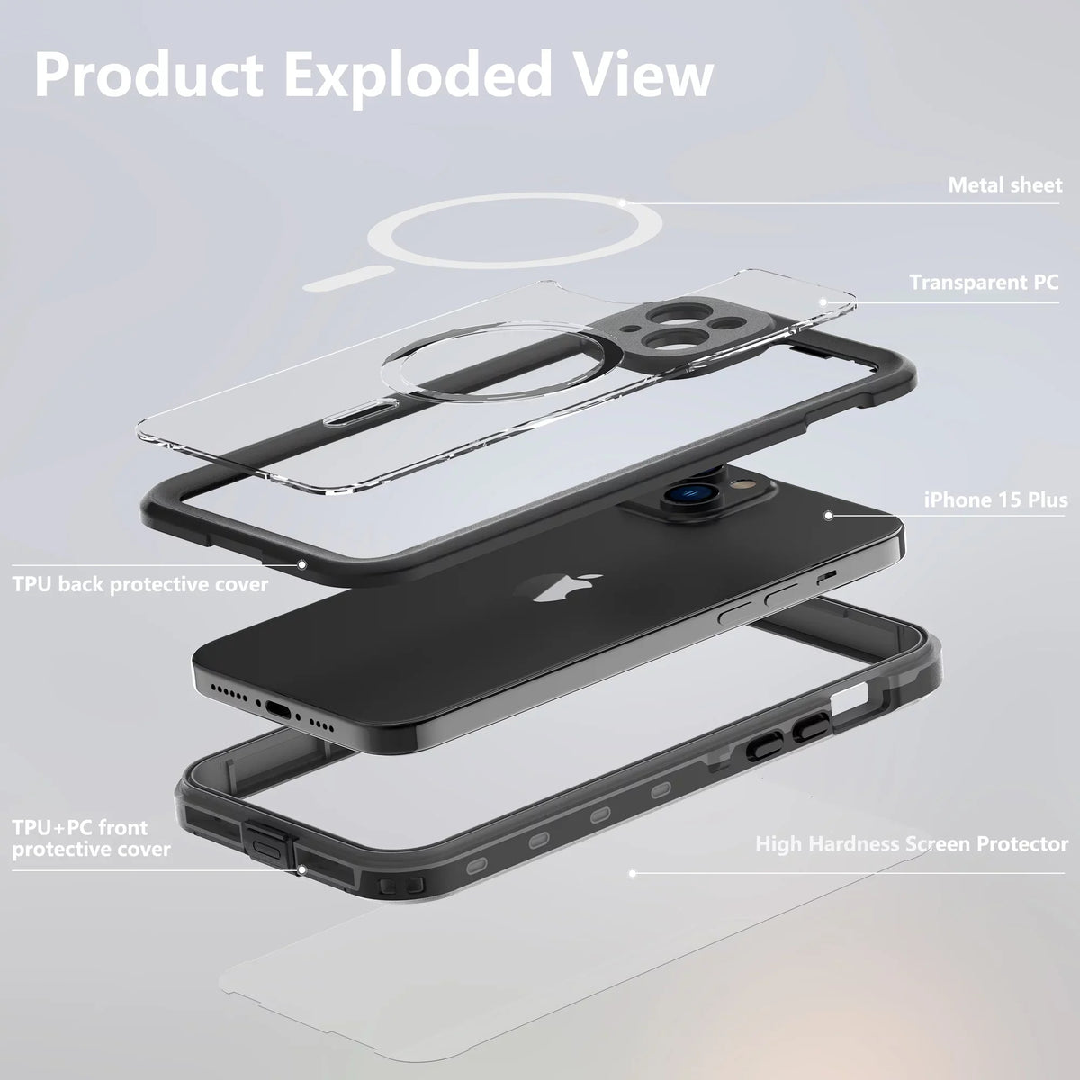 15 Proof - Shockproof Magnetic Waterproof Rugged Plus Drop Military Heavy Protector Screen iPhone Full-Body Case Duty iPhone for IP68 for Underwater 15 Case, Plus 6.7inch,Black Built-in ELEHOLD