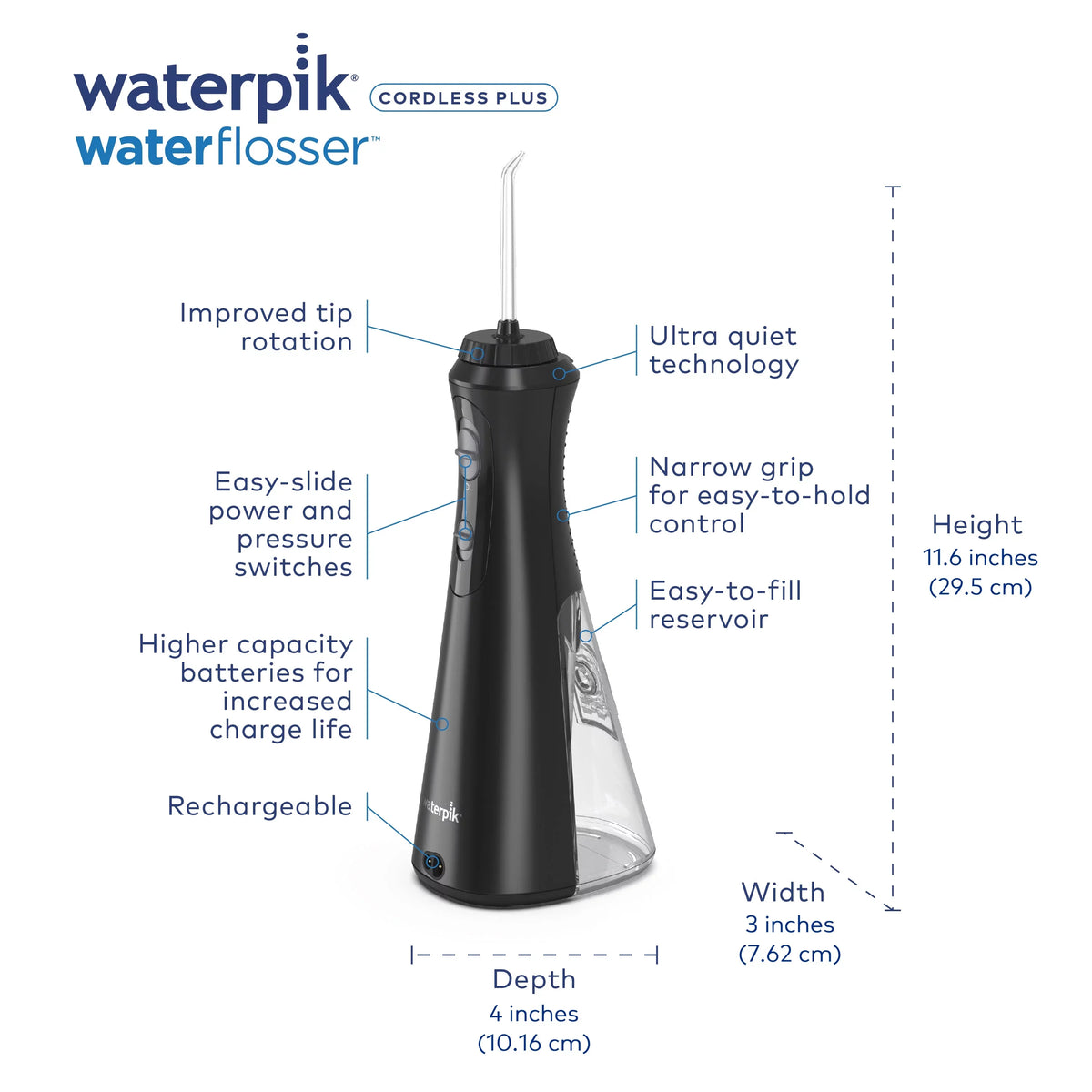 Cordless Oral Flosser Portable Irrigator, Waterpik Water Plus Black