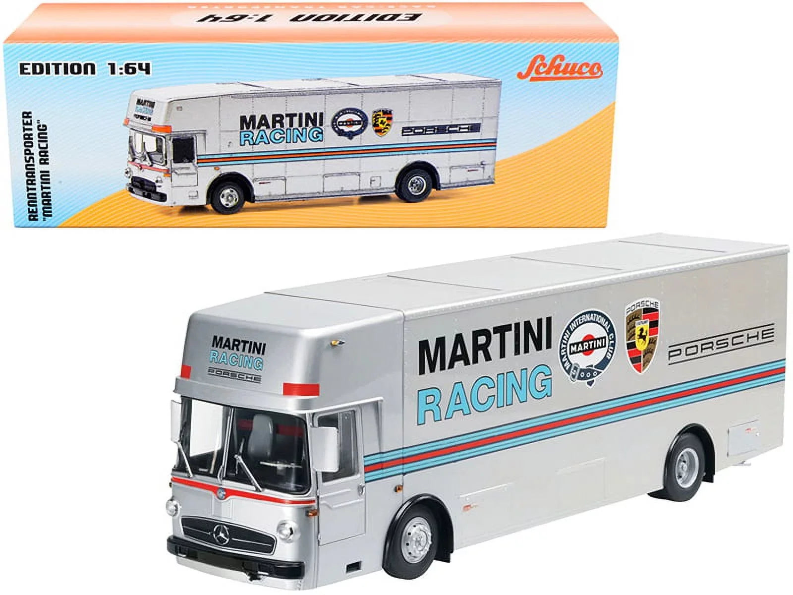 Stripes Diecast Schuco 1/64 Mercedes Transporter "Martini Race with Car Racing" Silver by Model Benz