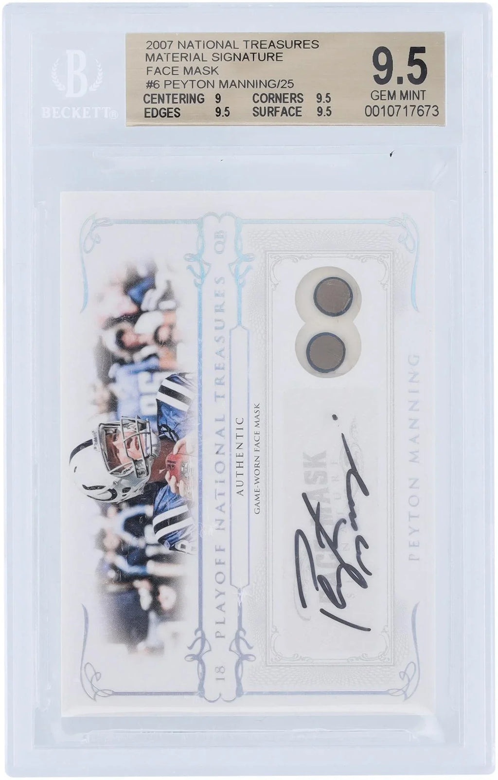 Certified #11/25 - Card Authenticated Fanatics Manning #6 Relic - 2007 Playoff BGS Subgrades Autographed Colts 9,9.5,9.5,9.5 Authentic Treasures Peyton National Indianapolis 9.5/10
