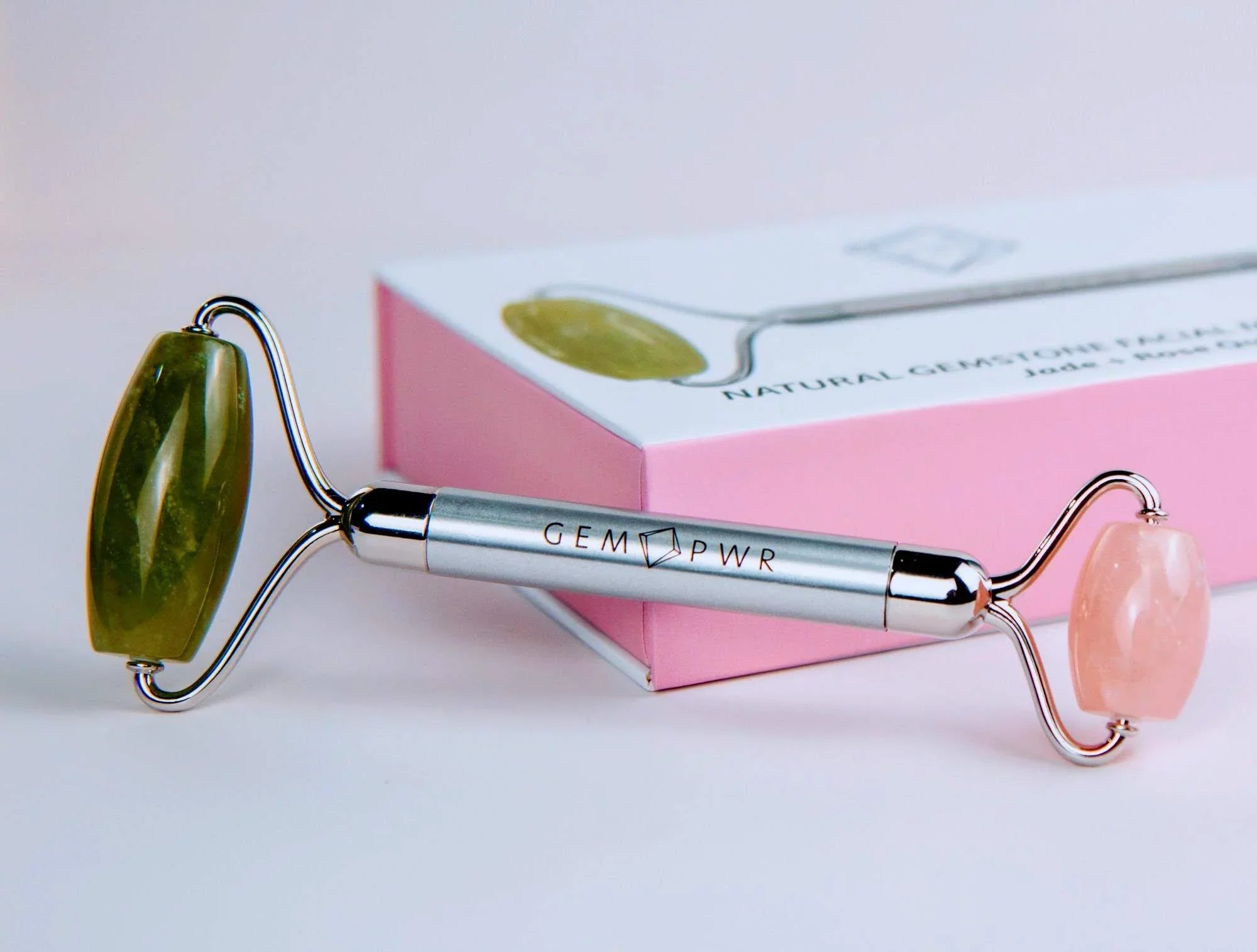 Travel GEM Bag Roller, Jade Dual with PWR 2-in-1 Face Quartz Handle Rose + Steel and Durable Head