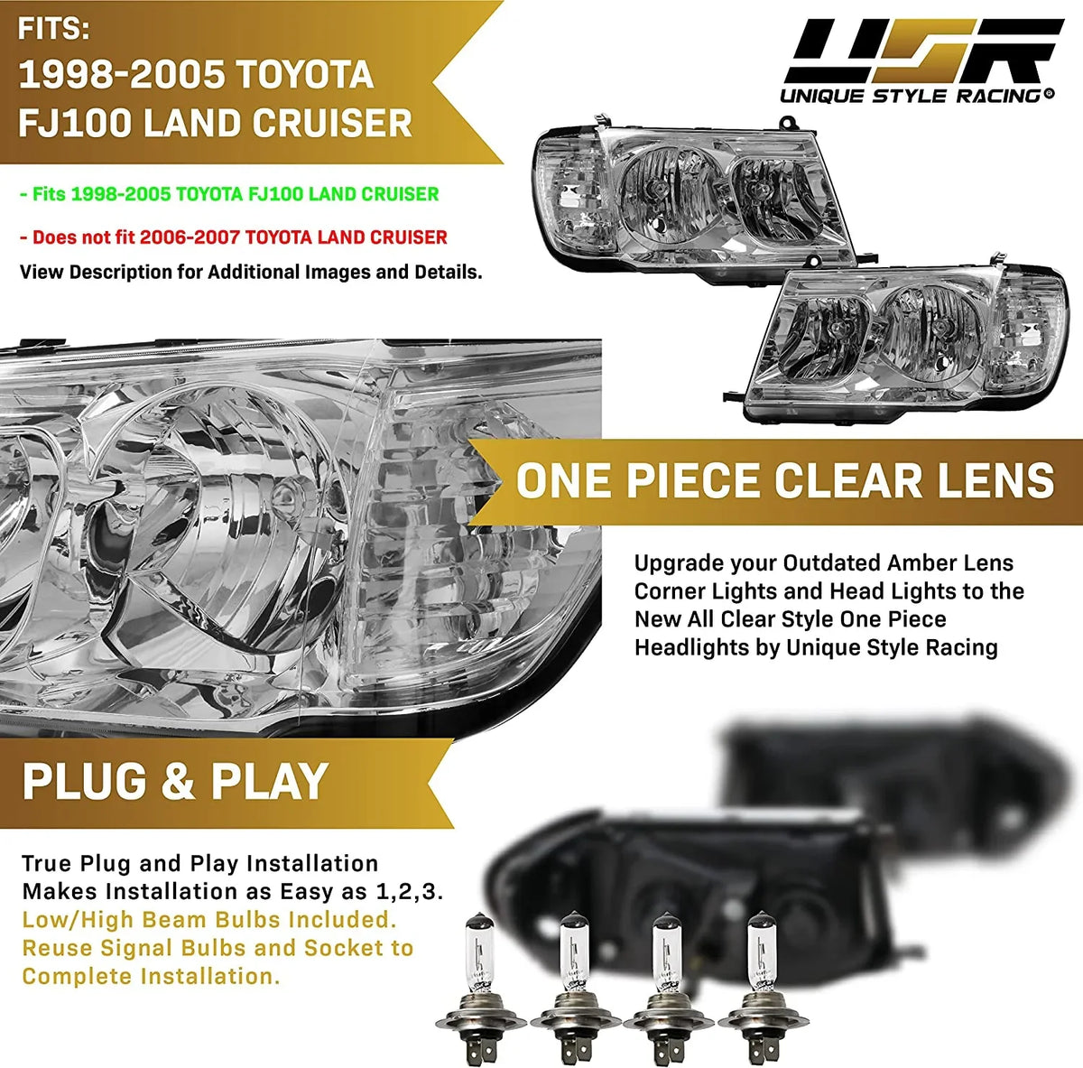 Right) - USR (Euro Toyota (Left Headlamps + FJ 100 with Land Design) ONE Piece FJ100 1998-2005 Set Compatible Headlights Cruiser DEPO Corner Style Clear with