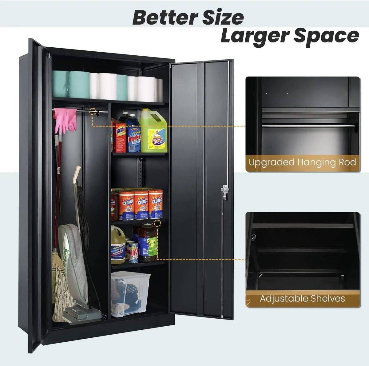 with Locking (Black) Freestanding Garage Lock Wardrobe HOOMHIBIU Coat Door 72'' Office with Shelves Metal Cabinets Employee Clothing and Cabinet for Steel Locker Home