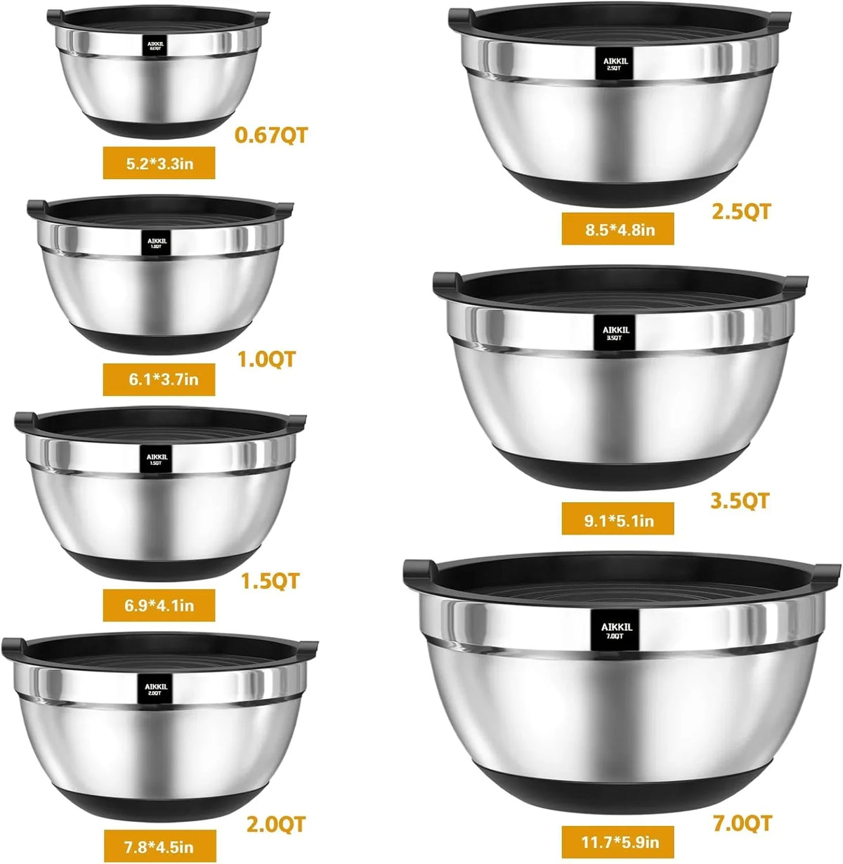 1,0.67QT Airtight Non-Slip AIKKIL 20 Metal Baking, Steel Stainless Silicone with Mixing, (Black) Bowls Lids, for 7, Mixing Bowls, Serving 3.5, Bottom, 2.0,1.5, piece Great 2.5, Size Nesting