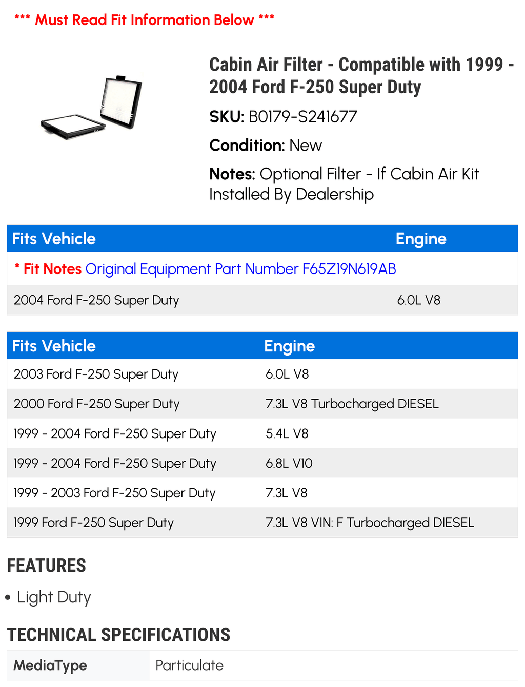 Air Duty F-250 2002 2001 2004 Super 2000 2003 Compatible - Filter - Cabin Ford with 1999