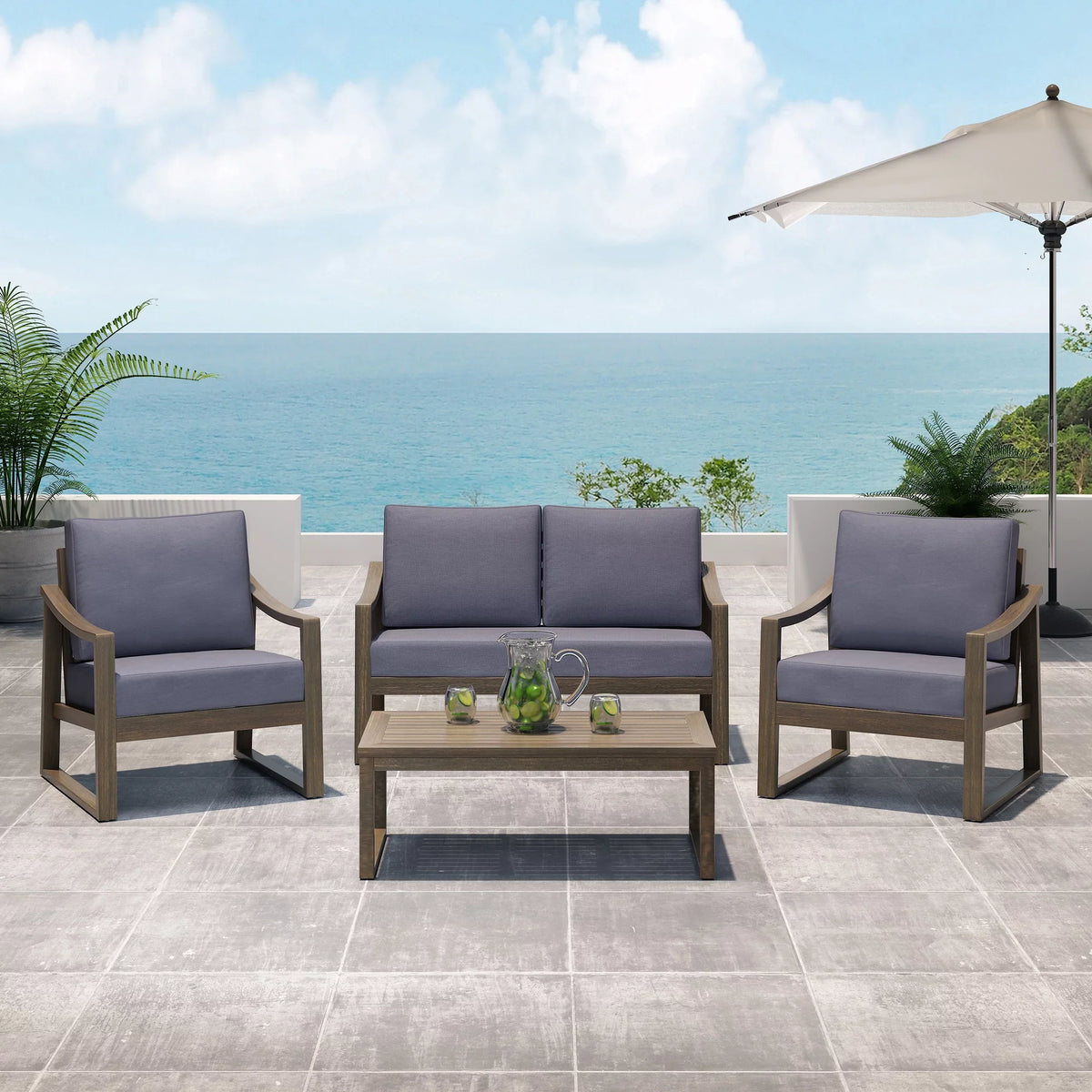 Dark Studio GDF Cushions, Acacia 4 Gray Wood Set Johnlucas and Seater with Gray Outdoor Chat