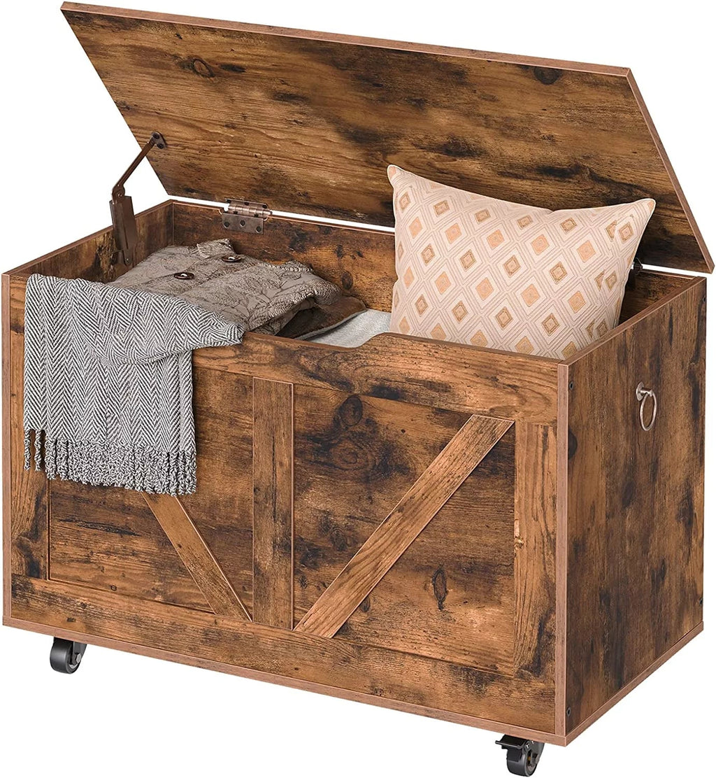 Trunk on Sturdy Shoe Supports Rustic 220 Wheels, U-Shaped Bench, Safety Assembly, Chest, Storage Easy Wooden Opening, Storage lb, WAGEE FG74CW01 Movable, Bench Brown Bench, Entryway Storage Hinge,