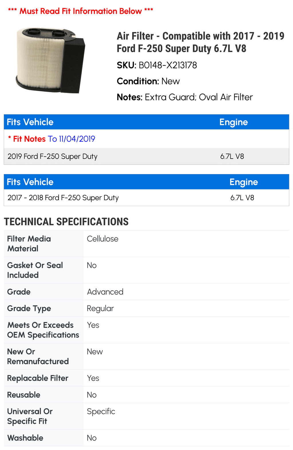 2019 Ford Super - - Air V8 Compatible Filter 6.7L F-250 2017 with 2018 Duty
