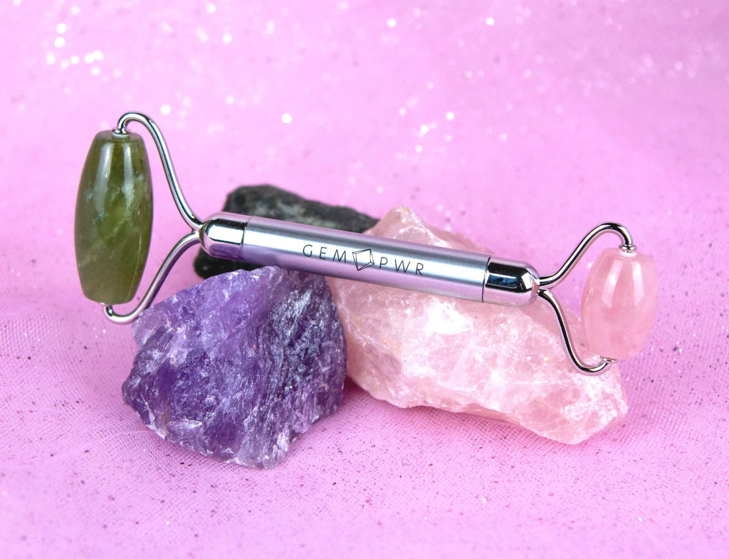 Travel GEM Bag Roller, Jade Dual with PWR 2-in-1 Face Quartz Handle Rose + Steel and Durable Head