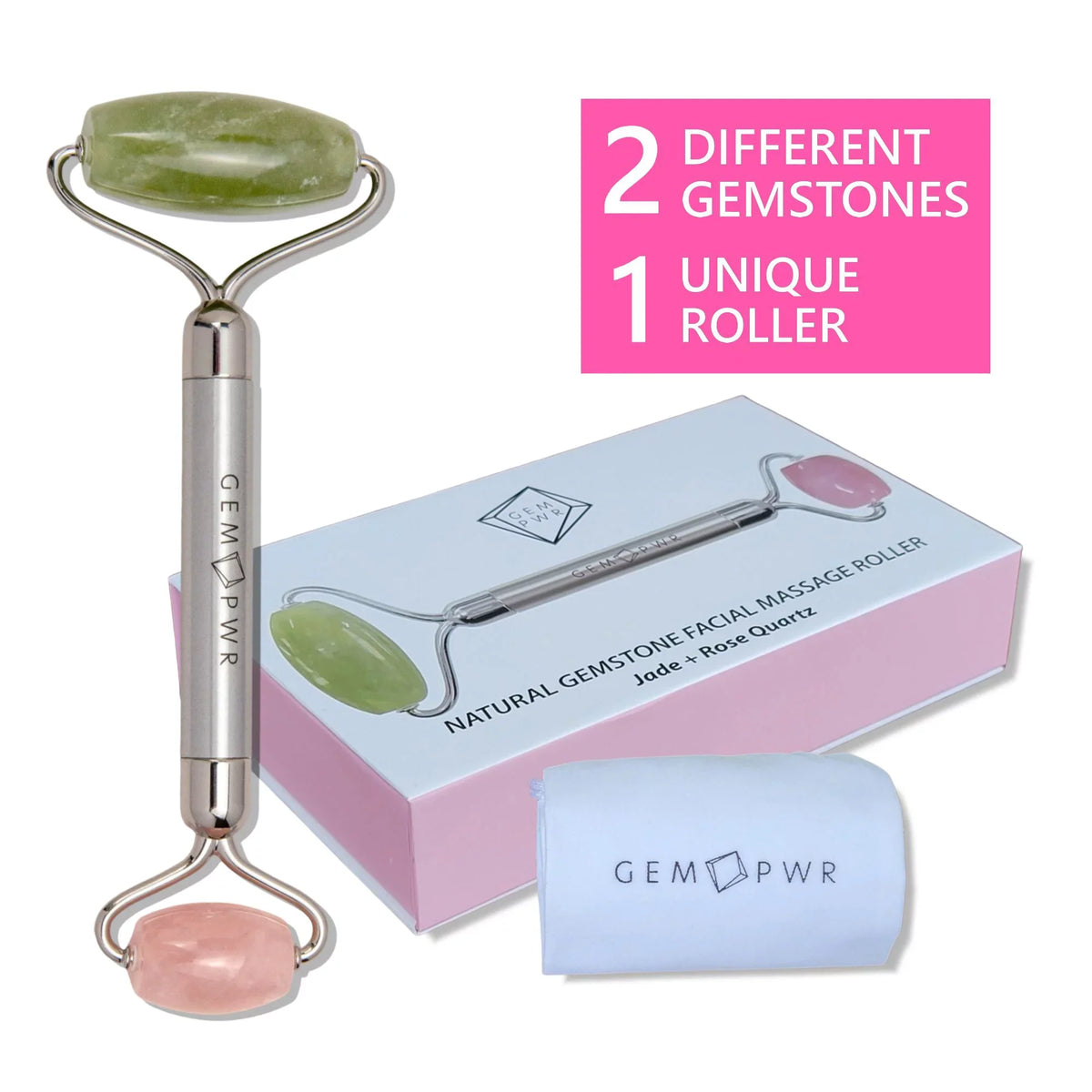 Travel GEM Bag Roller, Jade Dual with PWR 2-in-1 Face Quartz Handle Rose + Steel and Durable Head