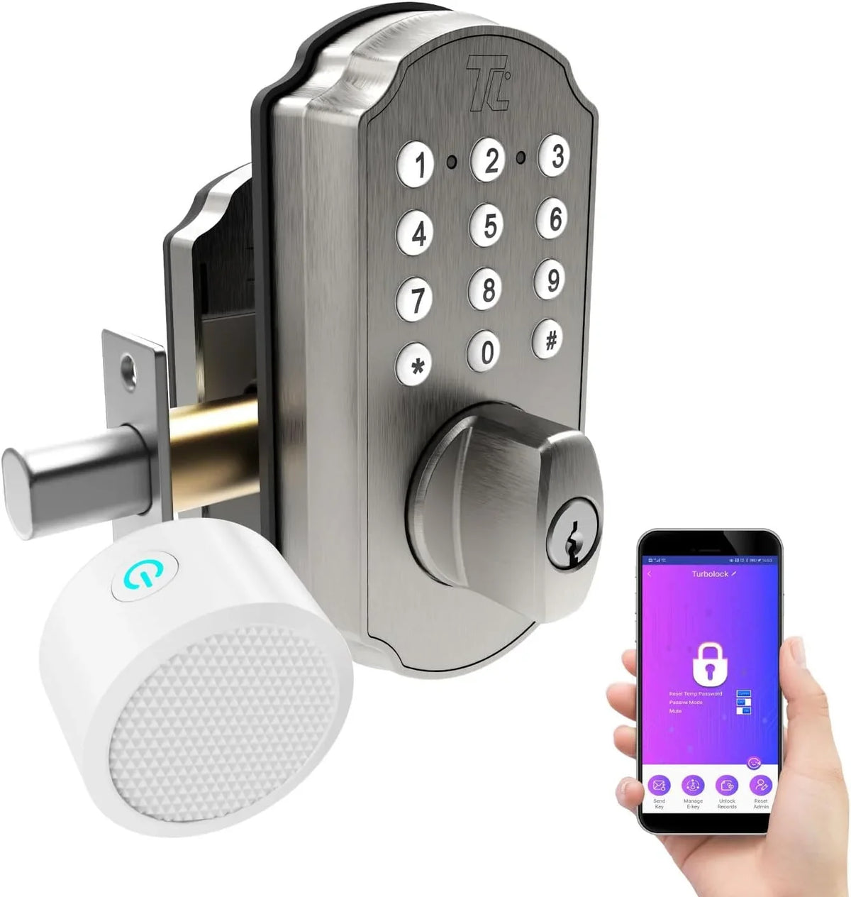 Keyless Electronic Nickel Door TurboLock TL115 Smart App Entry Mobile Home Brushed with Door Deadbolt Lock for Front Keypad
