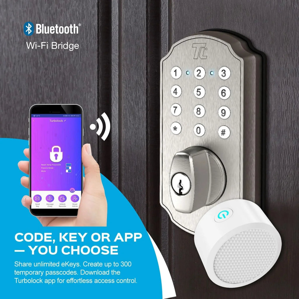 Keyless Electronic Nickel Door TurboLock TL115 Smart App Entry Mobile Home Brushed with Door Deadbolt Lock for Front Keypad